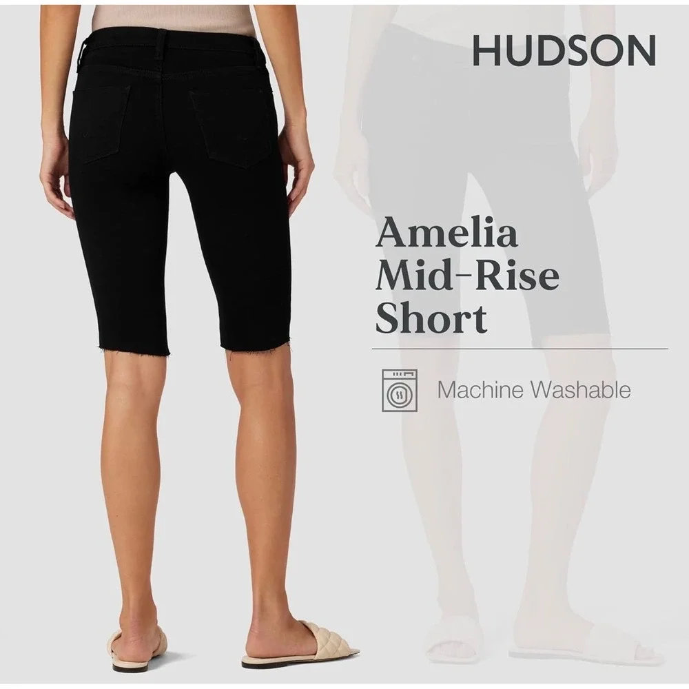 NWOT Hudson Jeans Womens Amelia Mid Rise Knee Short Black Denim Bermuda Size‎ 26
